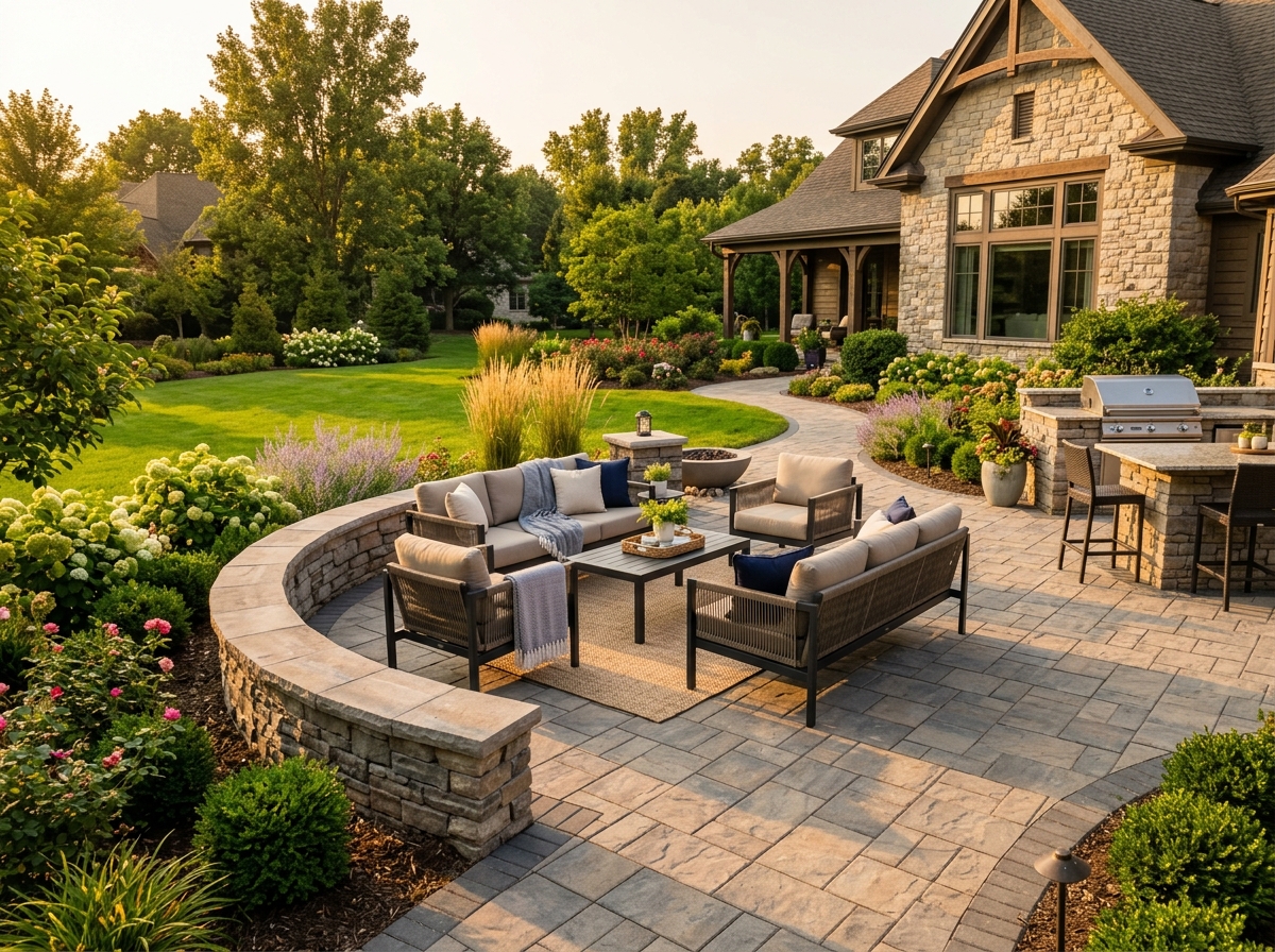 Luxury interlocking stone paver patio and sitting wall