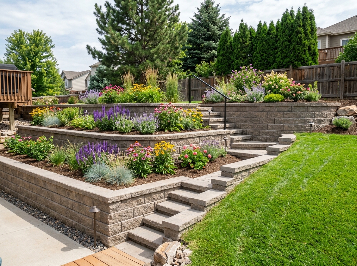 Engineered tiered concrete block retaining wall