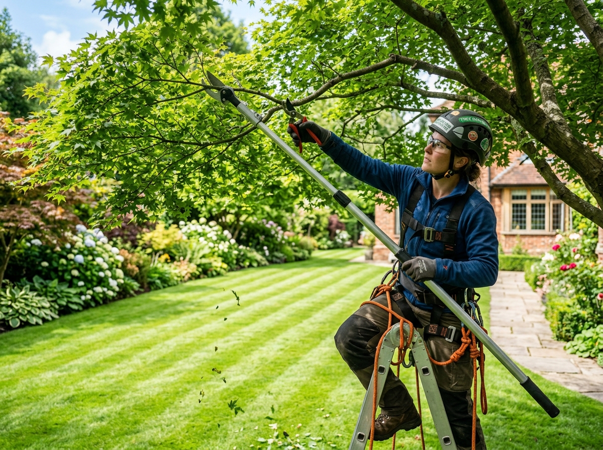 Professional arborist pruning branches of ornamental shade tree