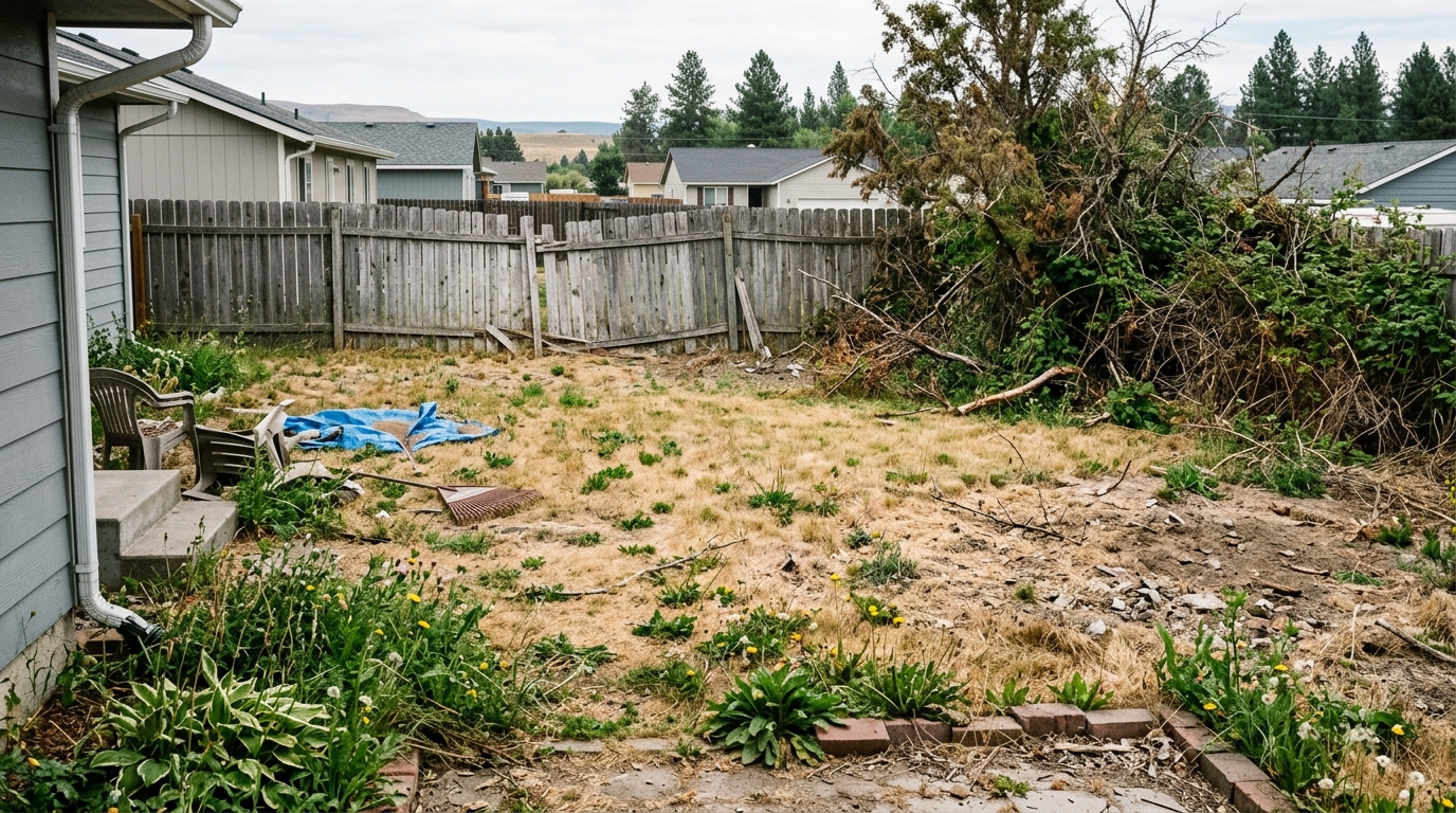 Neglected overgrown backyard before renovation with broken fence, patchy dry weeds, and dead trees